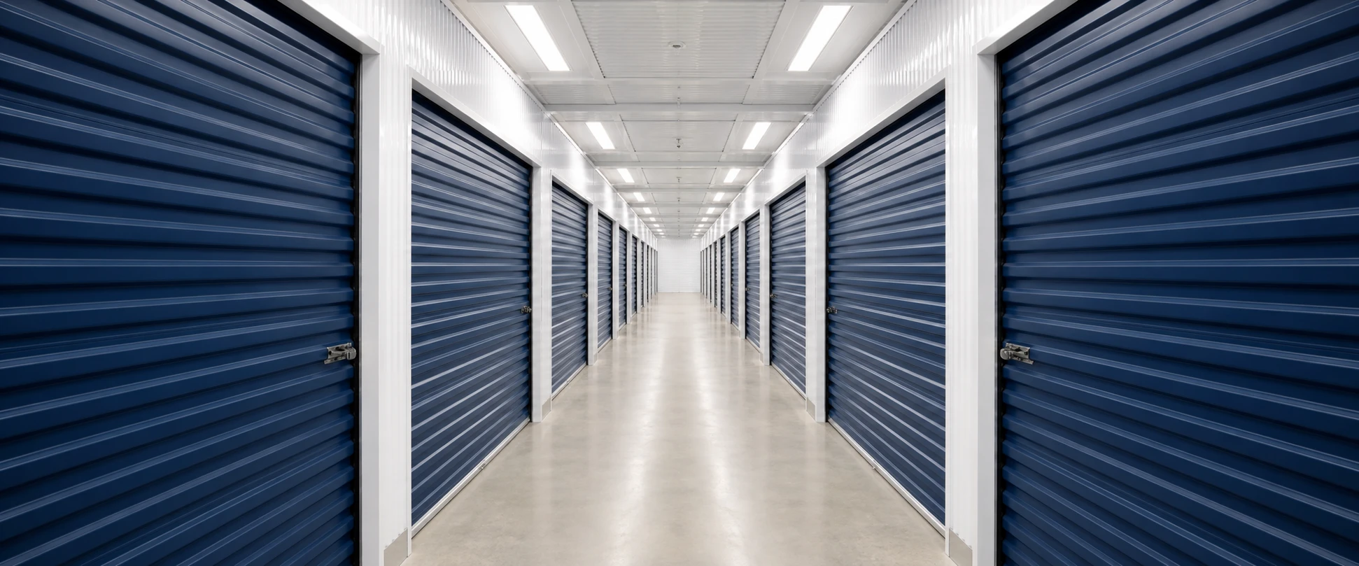 Clean hallway lined with blue storage unit doors