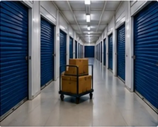Clean storage facility hallway with blue unit doors