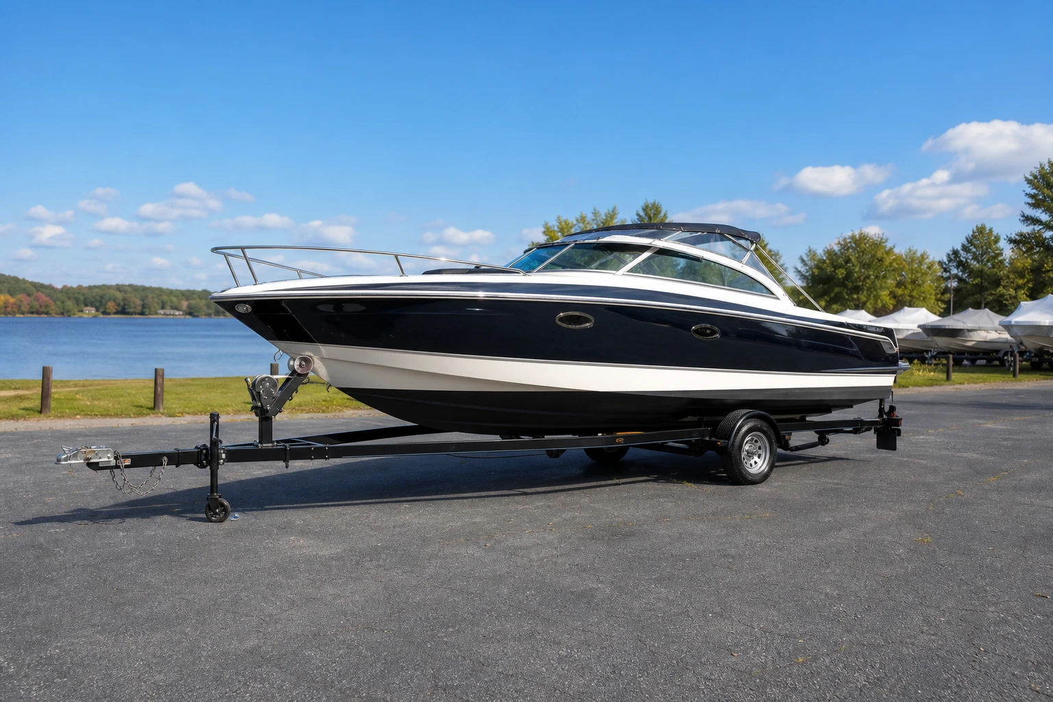 Boat parked outdoors near a storage area