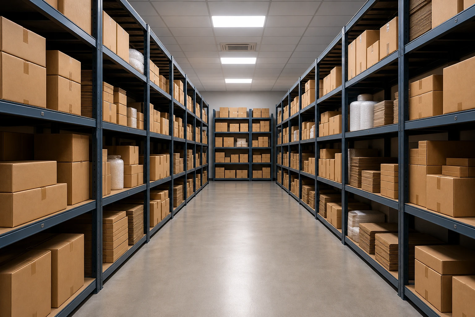 Business storage shelves with boxes