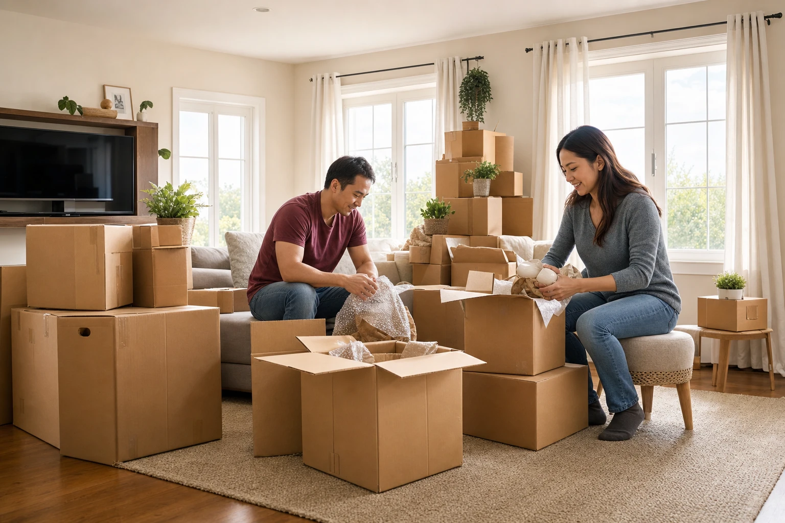 Moving boxes in a bright living room