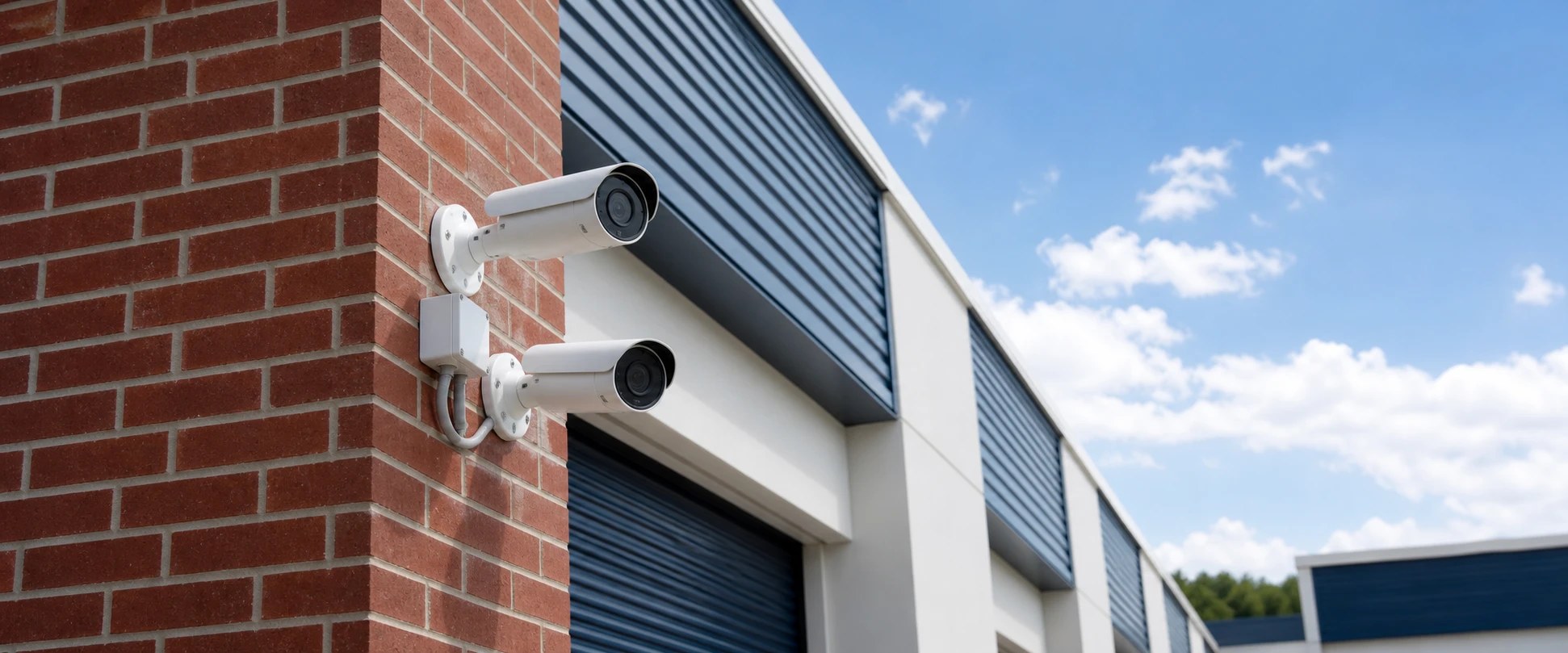Exterior security cameras on a storage facility wall