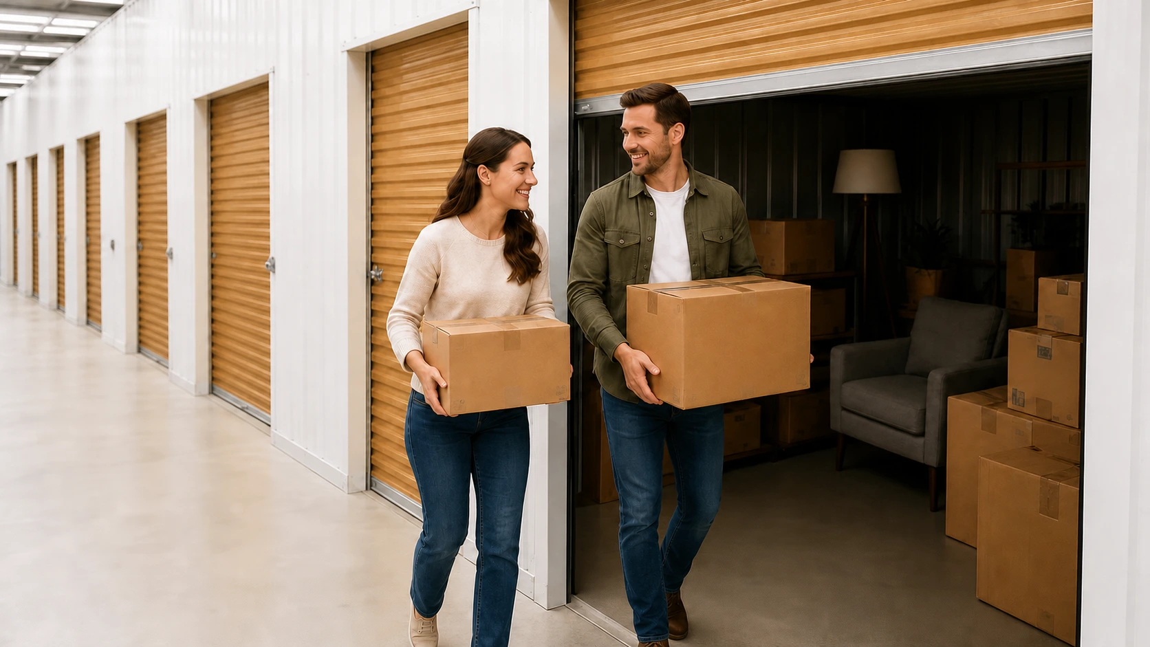 Couple carrying boxes beside clean wood-gold storage unit doors