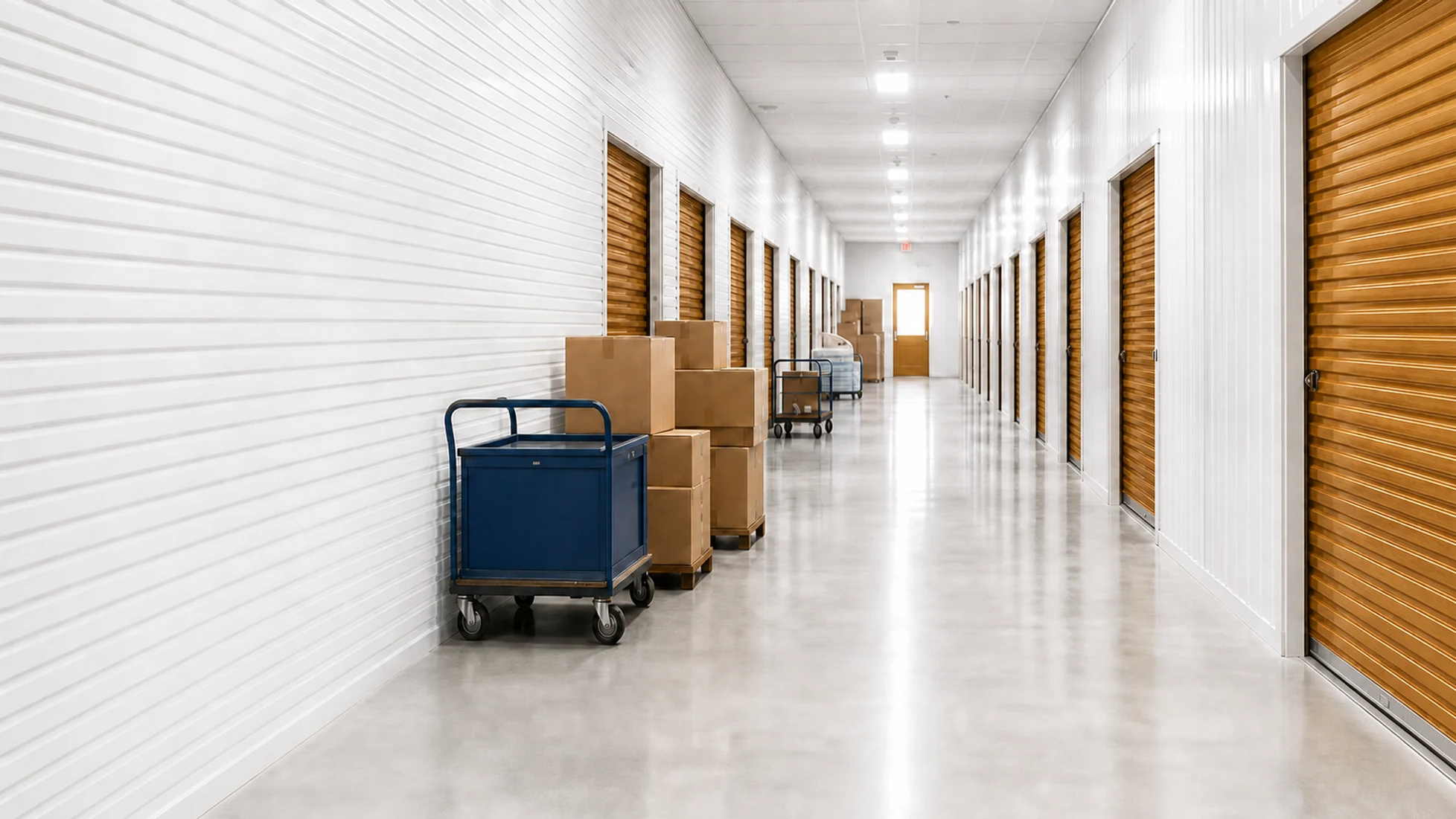 Bright climate-controlled storage hallway with blue doors, moving carts, and packed boxes
