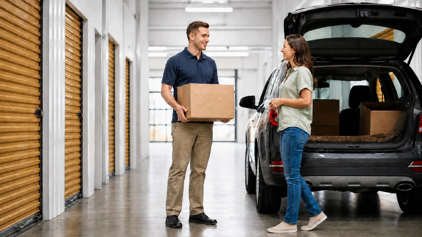 A friendly storage team member helping a customer unload inside the enclosed loading area