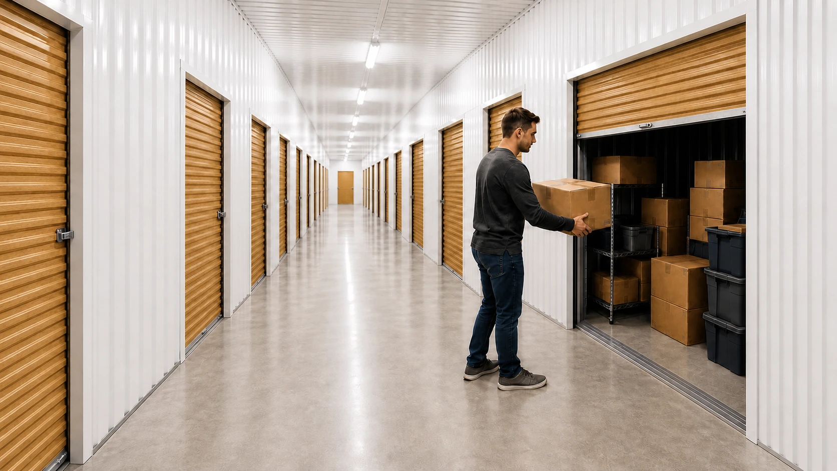 Customer moving a box into a clean storage unit with wood-gold doors