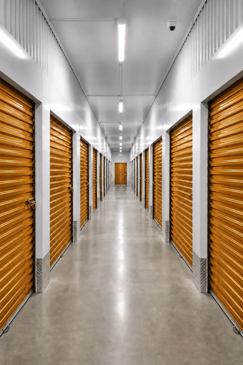 Clean single-level indoor storage corridor with secure wood-gold doors
