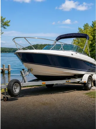 Boat and lake gear parked near the water