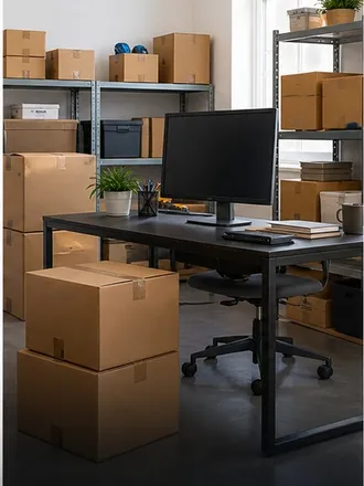 Boxes and office equipment in a small business workspace