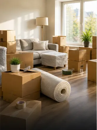 Moving boxes in a bright living room
