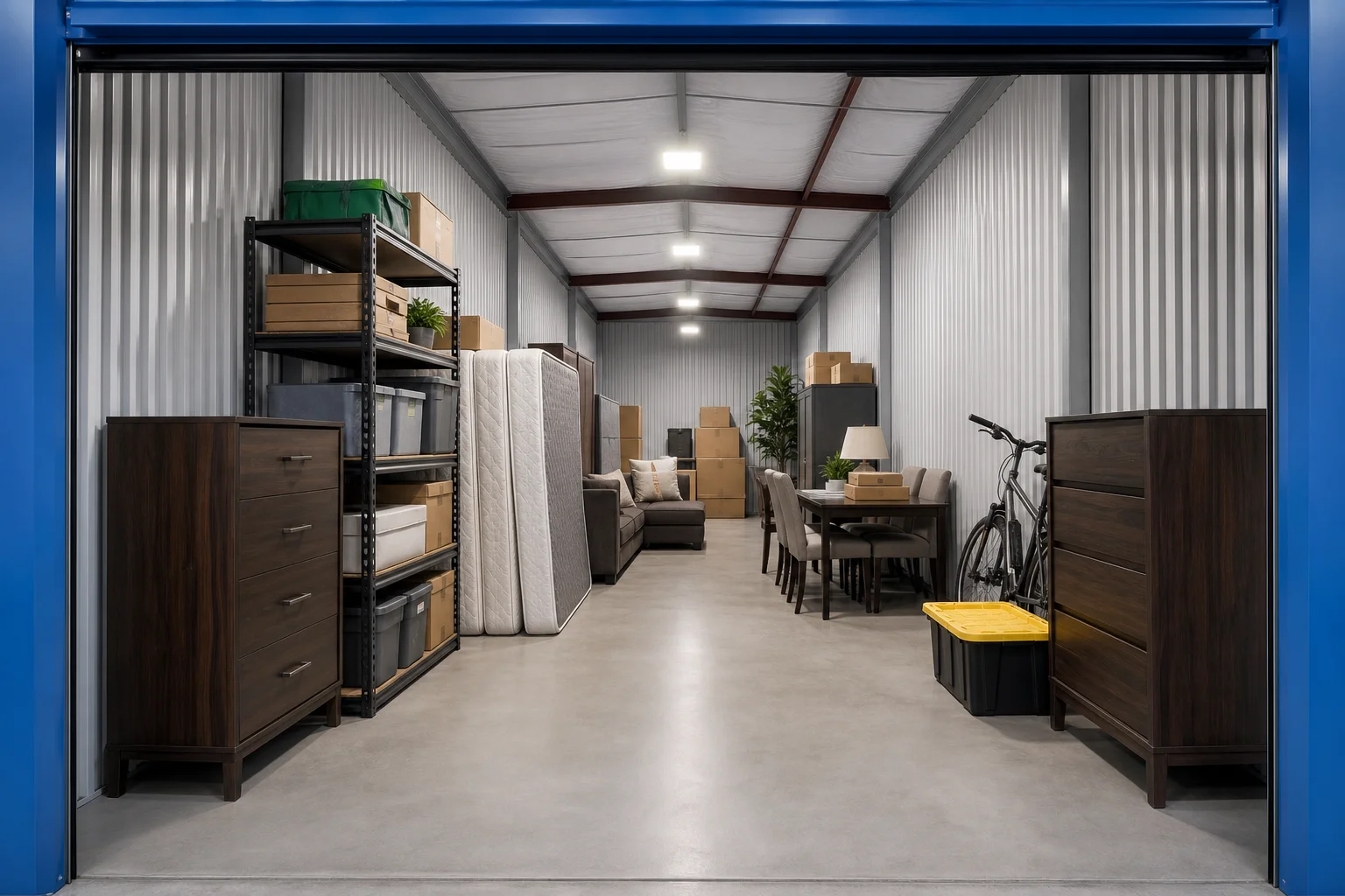 Deep 15 by 10 climate-controlled storage unit with household furniture and a clear aisle