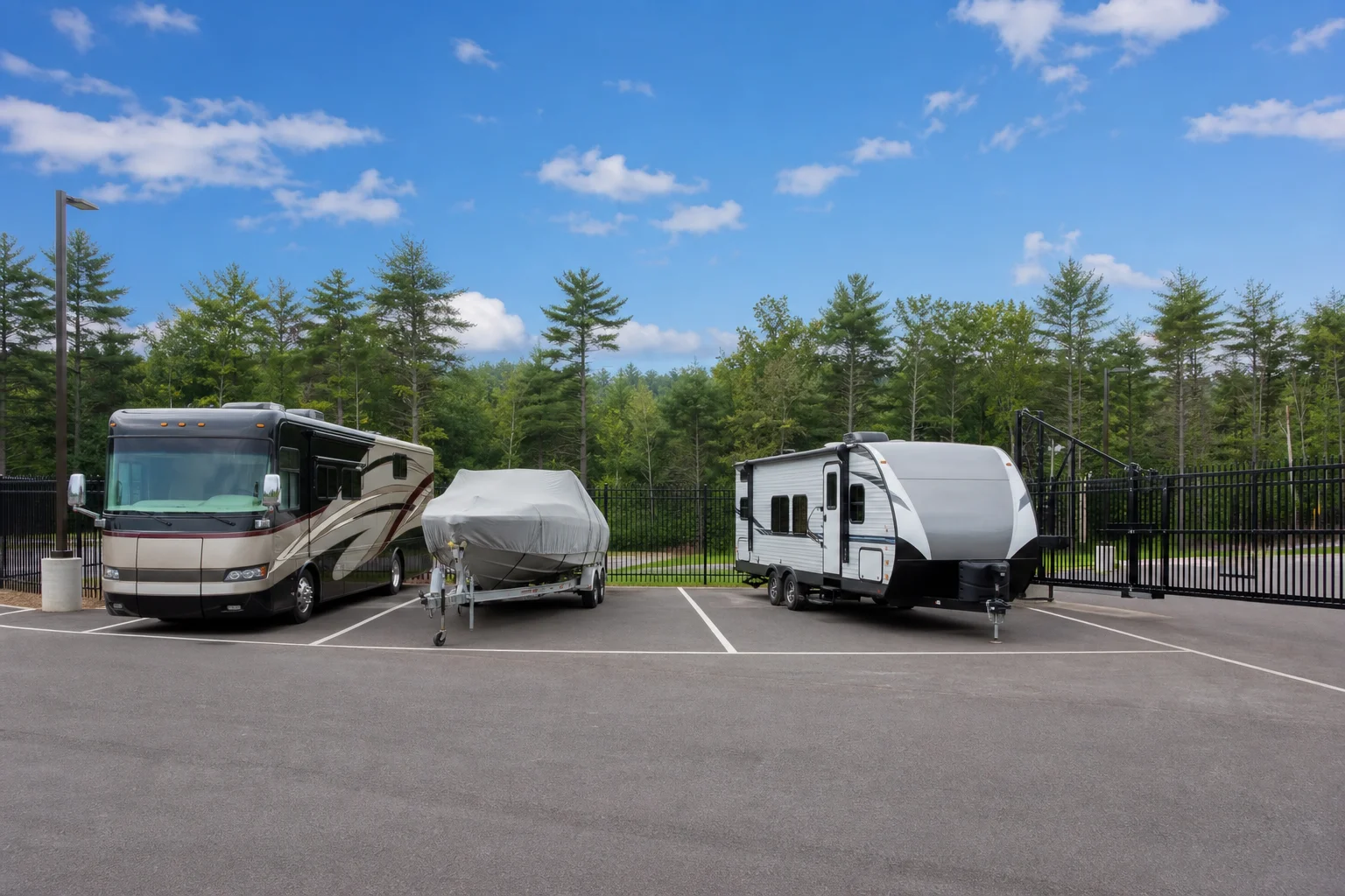 Secure outdoor storage parking for an RV, boat trailer, and travel trailer