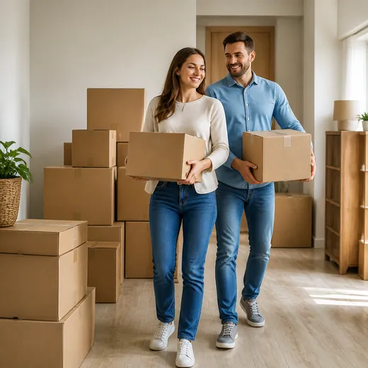 Couple carrying moving boxes